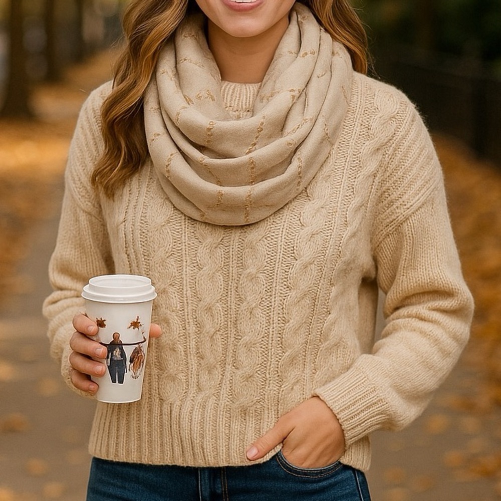 Classic Chic Beige Gold Chain Print Infinity Loop Scarf‎ Lightweight